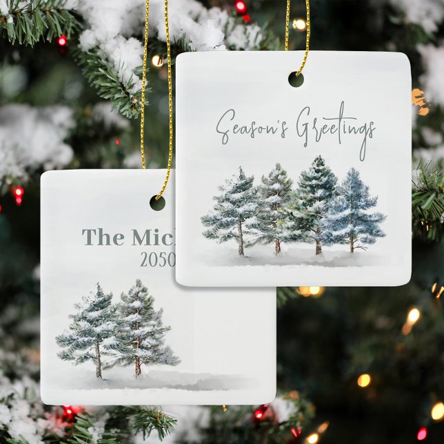 Green Winter Pine Trees Personalised Ceramic Ornament (Season's Greetings custom ornament with watercolor pine trees)