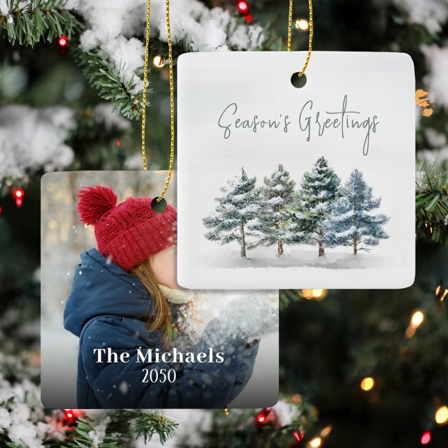 Green Winter Pine Trees Photo Personalised Ceramic Ornament (With script lettering and personalized with your name and year.)