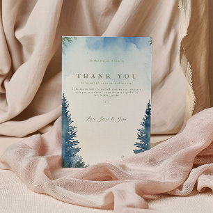 Green winter pine trees wedding table thank you