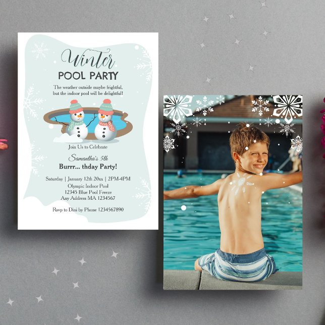Green Winter Pool Birthday Party Photo Invitation (Photo Invitation)