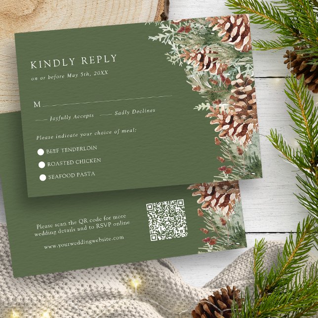 Green Winter RSVP Card (Hunter Green Watercolor Evergreen Pinecones Winter RSVP Card by Painted Paperie
)
