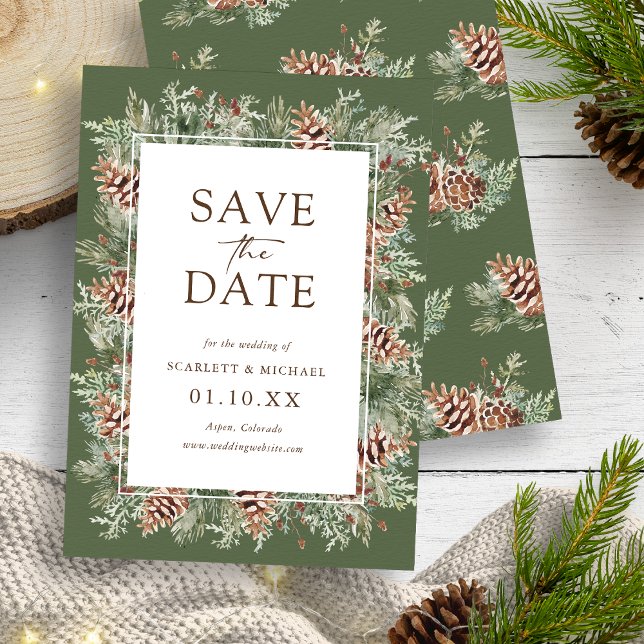 Green Winter Save The Date Card (Hunter Green Pinecone Evergreen Winter Save The Date Card by Painted Paperie
)
