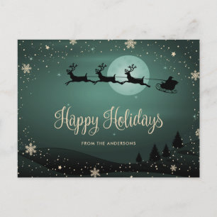 Green Winter Scene Snowflake Reindeer Santa  Holiday Postcard