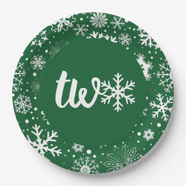 Green Winter Second Birthday Snowflake Plates (Front)