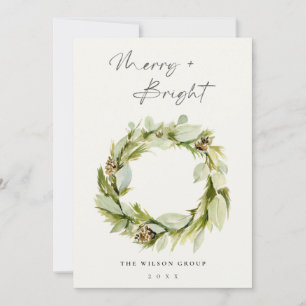 Green Winter Wreath Merry & Bright Christmas Logo Holiday Card
