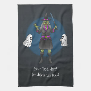 Green Witch and Ghosts Halloween Party Tea Towel