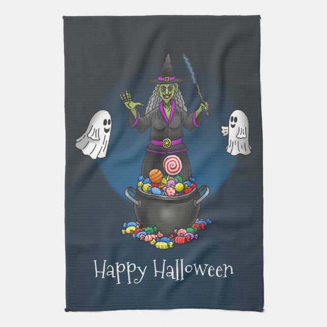 Green Witch and Ghosts Halloween Party Tea Towel (Vertical)