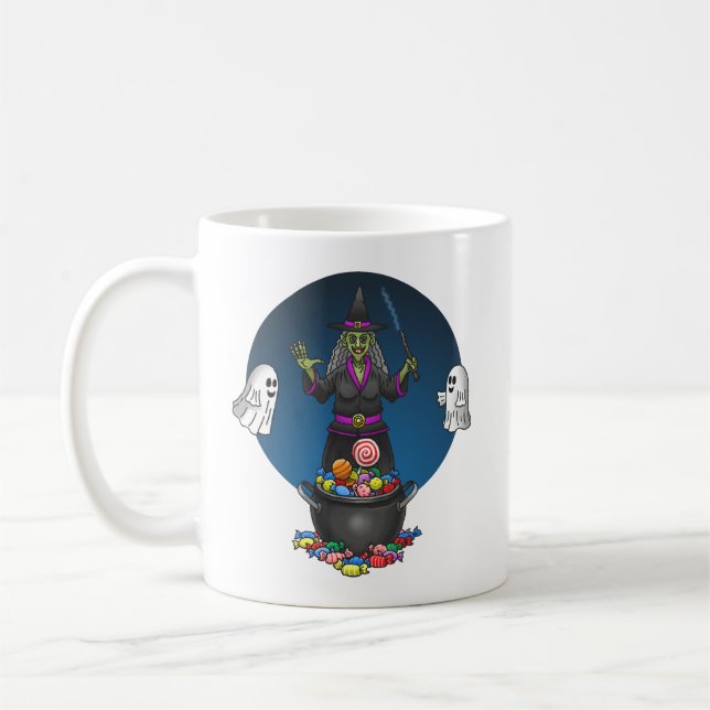 Green Witch and Ghosts Trick or Treat Halloween Coffee Mug (Left)