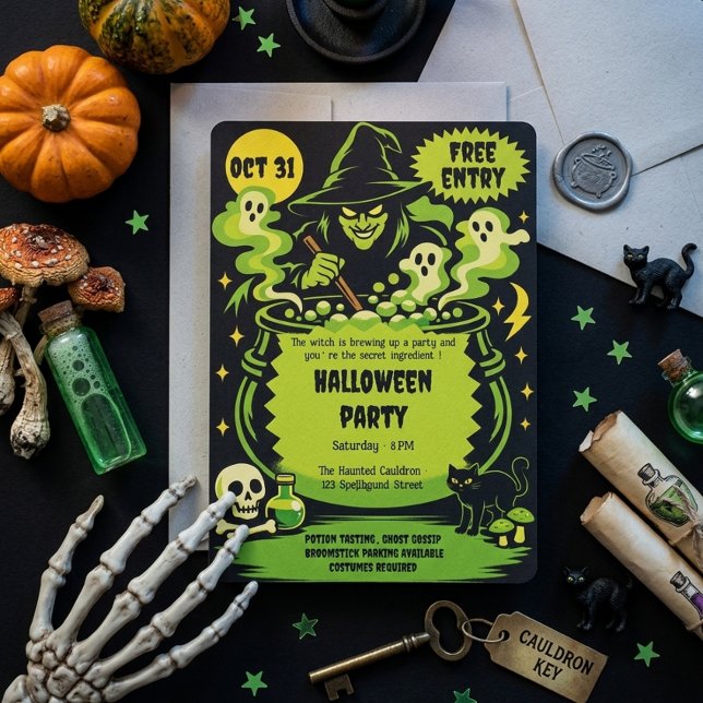 Green Witch Cauldron Halloween Invitation (Creator Uploaded)