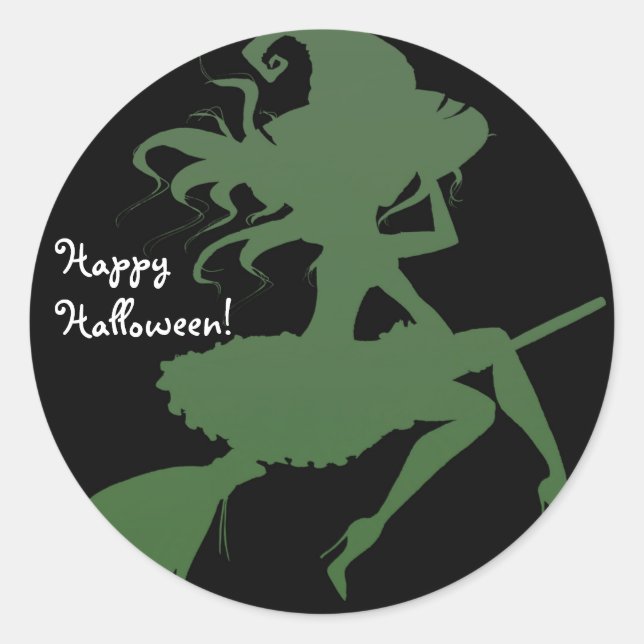 Green Witch Flying Broomstick Halloween Party Classic Round Sticker (Front)