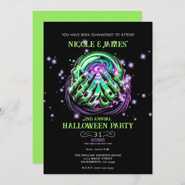 Green Witch Gazing Magic Ball Halloween Party Invitation (Front/Back)