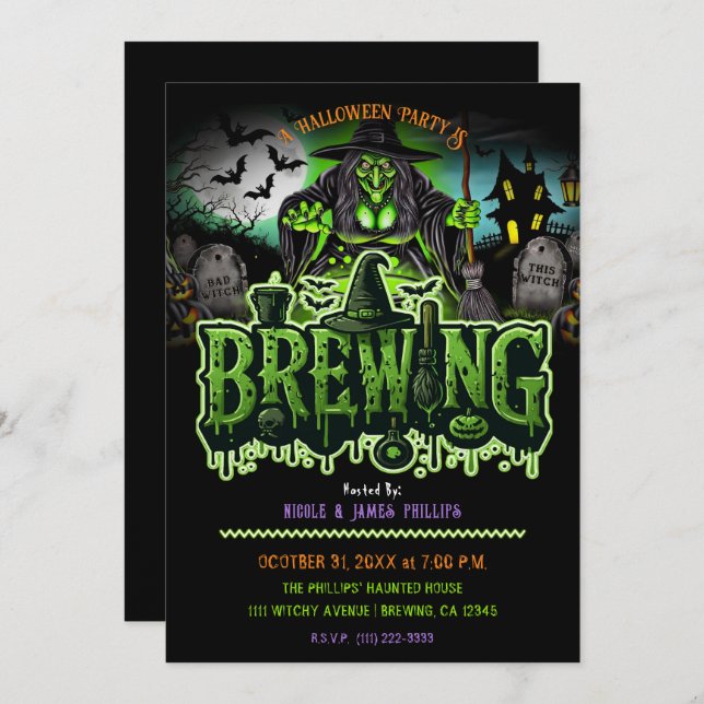Green Witch Graveyard Brewing Halloween Party  Invitation (Front/Back)