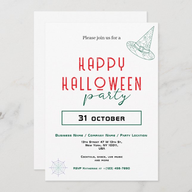 Green Witch Hat Business Office Halloween Party  Invitation (Front/Back)