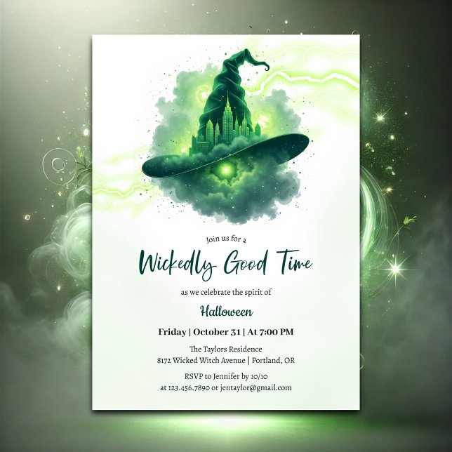 Green Witch Hat Magical Fantasy Halloween Invitation (Wickedly Good Time Halloween Party Invitation – Glowing Green Witch Hat)