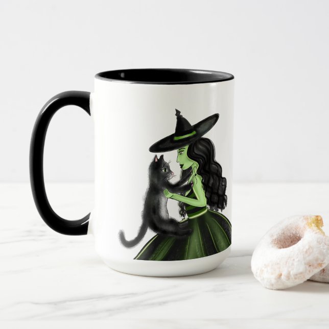 Green Witch With Black Cat Illustration Mug (With Donut)