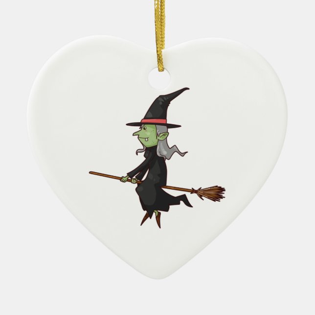Green Witch with Grey Hair Flying on Broomstick Ceramic Tree Decoration (Front)