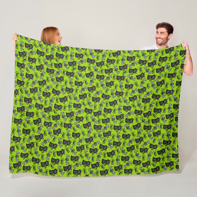 GREEN WITH BLACK HALLOWEEN SPIDERS CATS BATS FLEECE BLANKET (In Situ)