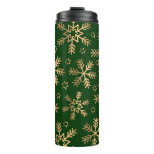 GREEN WITH GOLD CHRISTMAS HOLIDAY SNOWFLAKES THERMAL TUMBLER