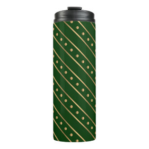 GREEN WITH GOLD CHRISTMAS HOLIDAY STRIPES & DOTS THERMAL TUMBLER