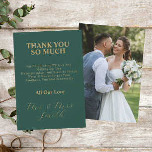 Green With Gold Elegant Script Wedding Photo Thank You Card