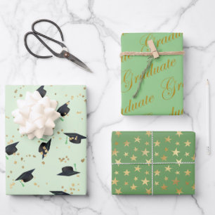 Green With Gold Foil Accents Set of 3 Graduation   Wrapping Paper Sheet