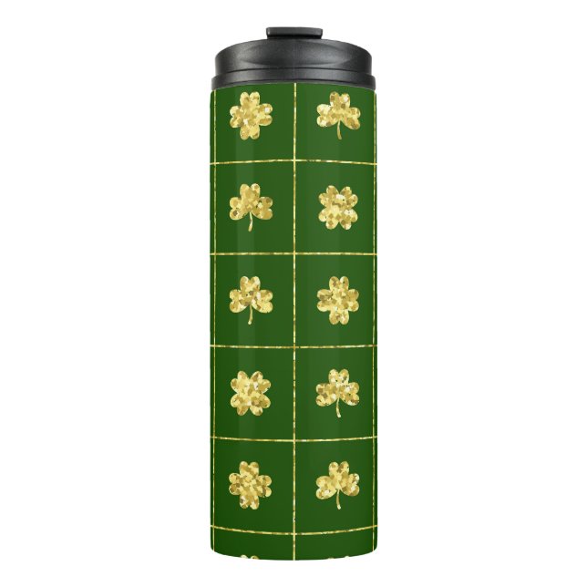 GREEN WITH GOLD GLITTER LOOK IRISH SHAMROCKS THERMAL TUMBLER (Front)
