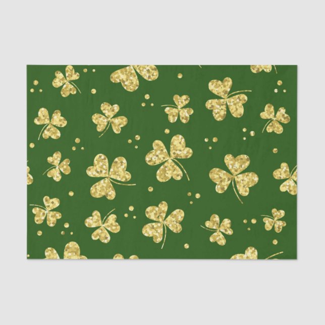 GREEN WITH GOLD GLITTER LOOK IRISH SHAMROCKS TISSUE PAPER (Front)