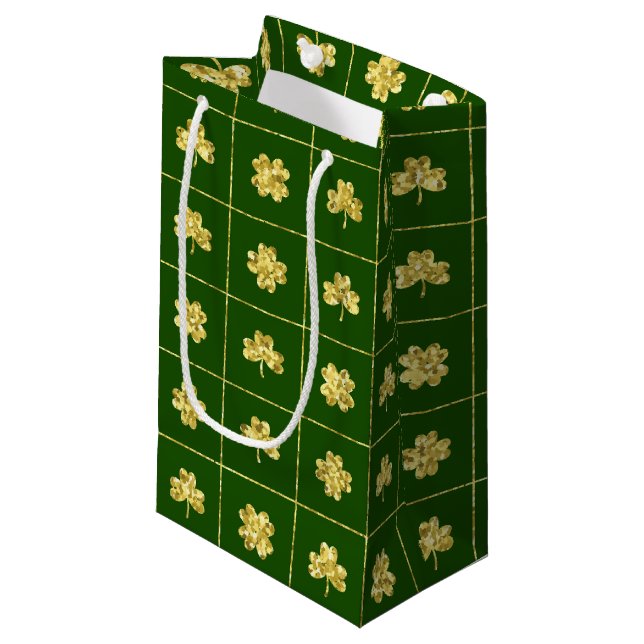 GREEN WITH GOLD GLITTER LOOK SHAMROCKS SMALL GIFT BAG (Front Angled)