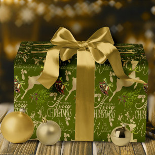 Green With Gold Reindeer & Name Merry Christmas Wrapping Paper