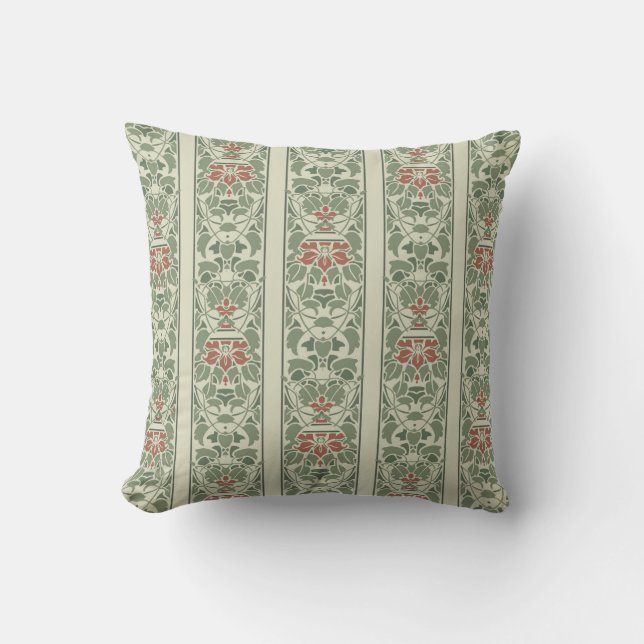 Green with orange brown flowers stripe cushion (Front)