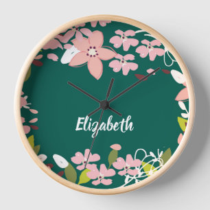 Green with Pink Flowers Personalised Clock