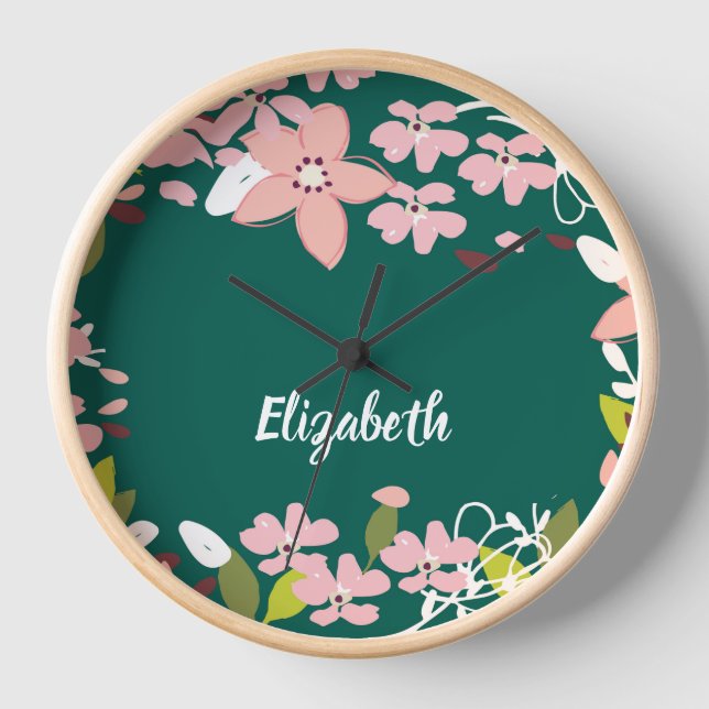 Green with Pink Flowers Personalised Clock (Front)