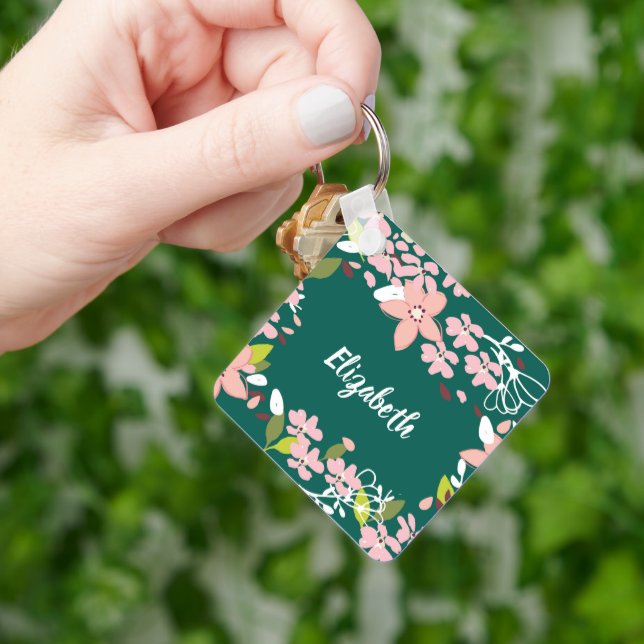 Green with Pink Flowers Personalised Key Ring (Hand)