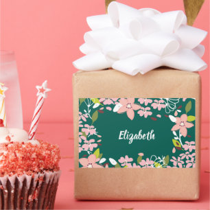 Green with Pink Flowers Personalised Rectangular Sticker