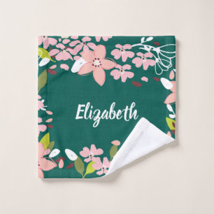 Green with Pink Flowers Personalised Wash Cloth