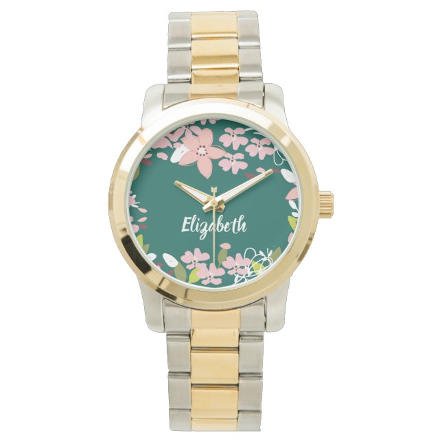 Green with Pink Flowers Personalised Watch (Front)