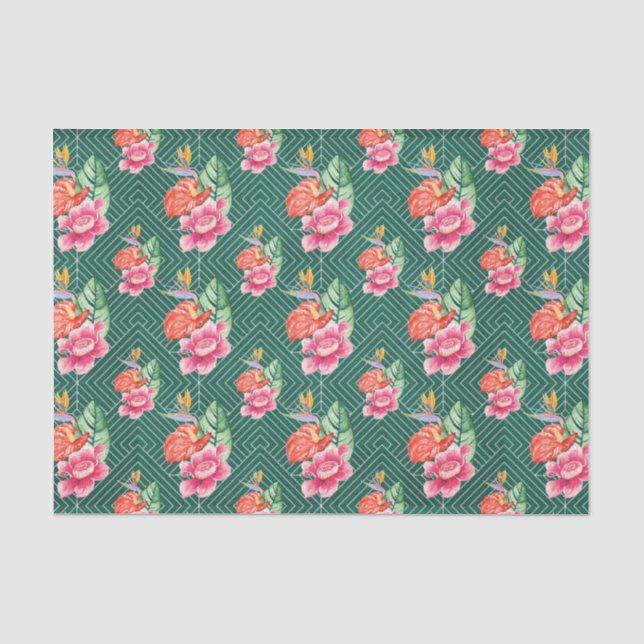 Green with Pink Flowers Tissue Paper (Front)