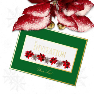 Green With Red Poinsettias Foil Invitation