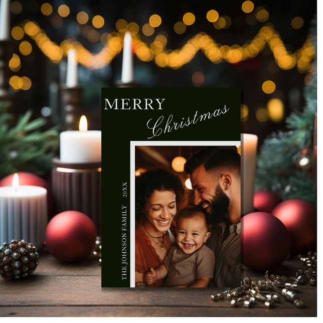 Green With Silver Script Family Photo Card (Creator Uploaded)