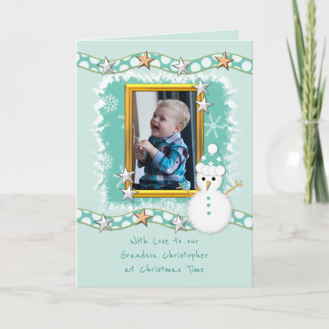 Green with snowman stars and photo Christmas Holiday Card (Front)