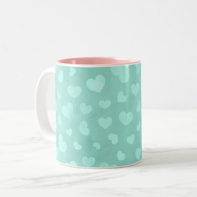 Green with white hearts & light pink interior mug (Front Left)