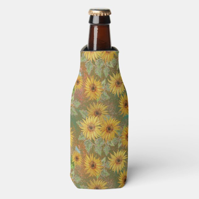 GREEN WITH YELLOW & GOLD FALL SUNFLOWERS BOTTLE COOLER (Bottle Front)