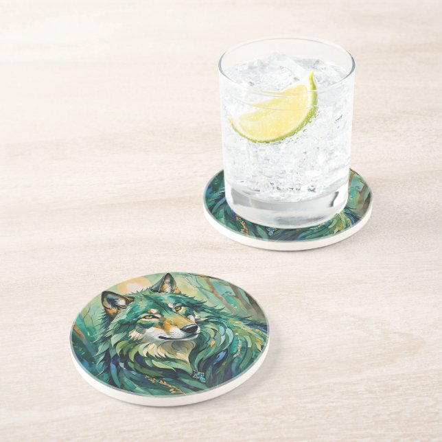 Green Wolf in the Forest Sandstone Coaster (Side)