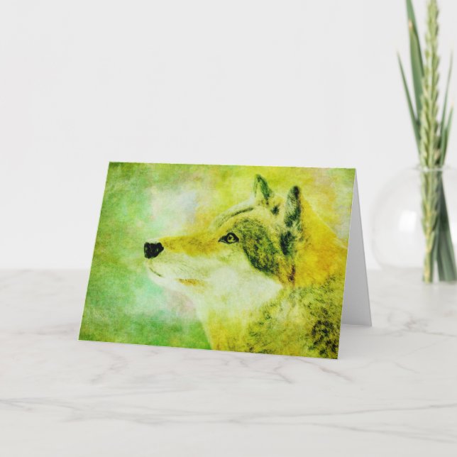 Green Wolf Painting Note Card, Nature-Inspired Art Thank You Card (Front)