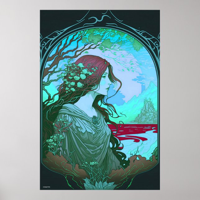 Green woman portrait art nouveau ai design on  poster (Front)