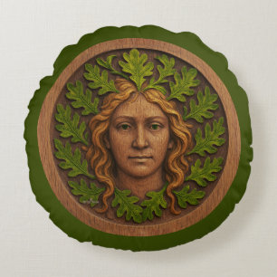 Green Woman - Wood Round Cushion