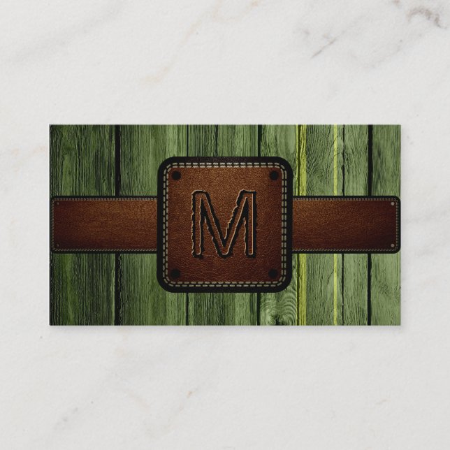 Green Wood Brown Leather Look Monogram Business Card (Front)
