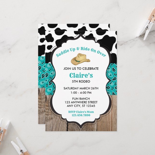 Green Wood Cowprint Rodeo Wild West Birthday Invitation (Front/Back In Situ)