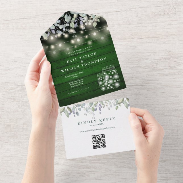 Green Wood Floral String Lights QR Code Wedding All In One Invitation (Tearaway)