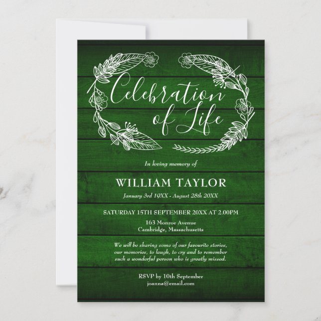 Green Wood Foliage Celebration of Life Funeral Invitation (Front)